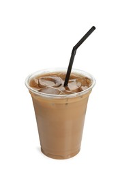 Photo of Takeaway plastic cup with cold coffee drink and straw isolated on white