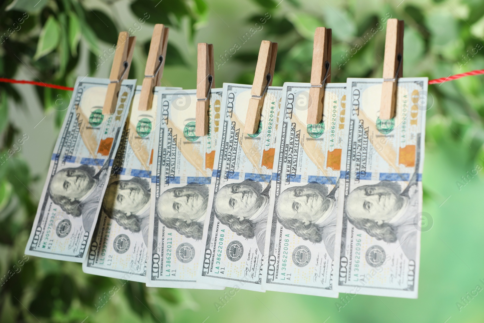 Photo of Dollar banknotes hanging on rope against blurred green background