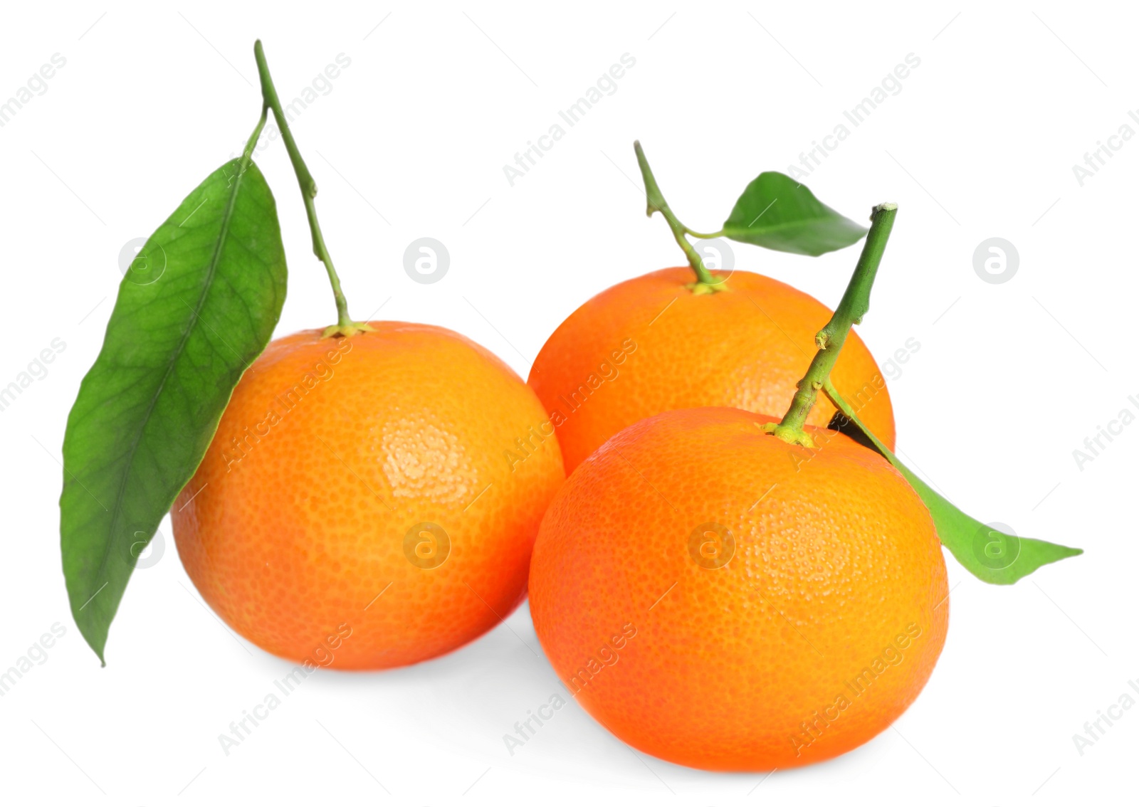 Photo of Fresh ripe juicy tangerines with green leaves isolated on white