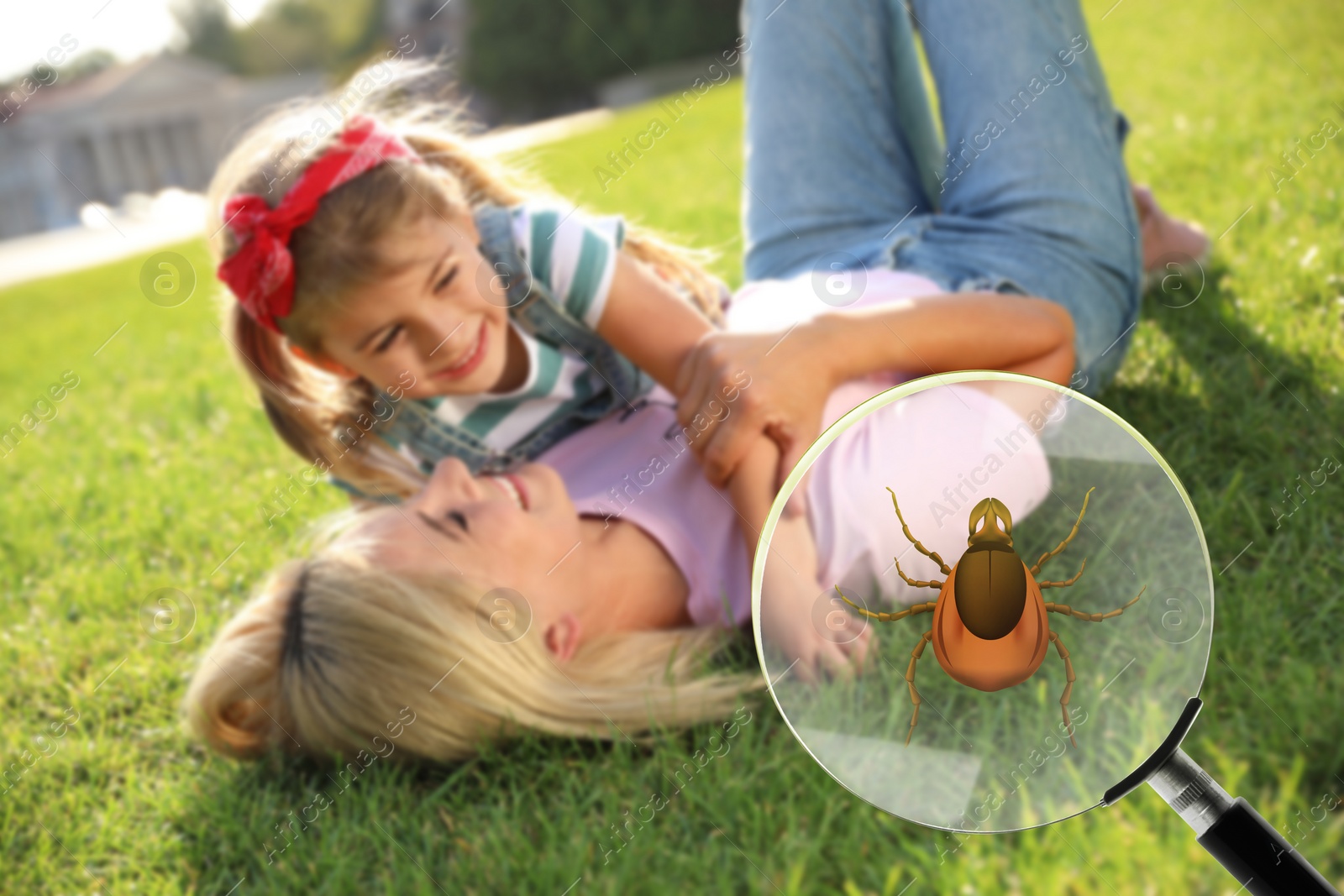 Image of Seasonal hazard of outdoor recreation. Mother spending time with daughter in park. Illustration of magnifying glass with tick, selective focus