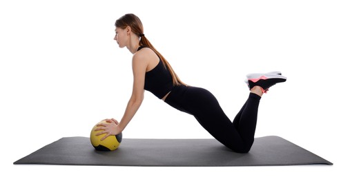 Photo of Athletic woman doing exercise with medicine ball isolated on white