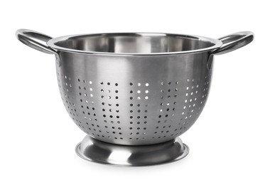 One metal colander isolated on white. Cooking utensil