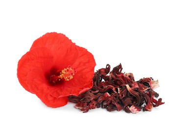 Photo of Pile of dry hibiscus tea and beautiful flower isolated on white