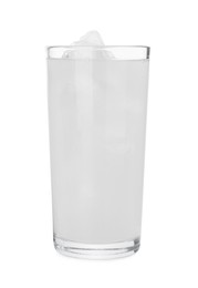 Photo of Glass of coconut water with ice cubes isolated on white