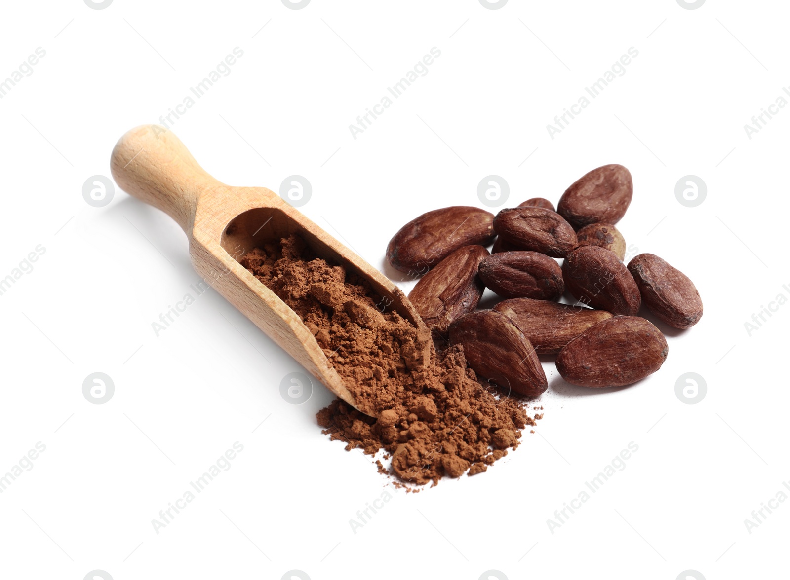 Photo of Wooden scoop, cocoa beans and powder isolated on white