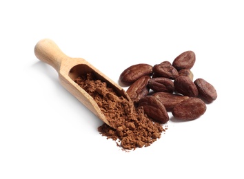 Wooden scoop, cocoa beans and powder isolated on white