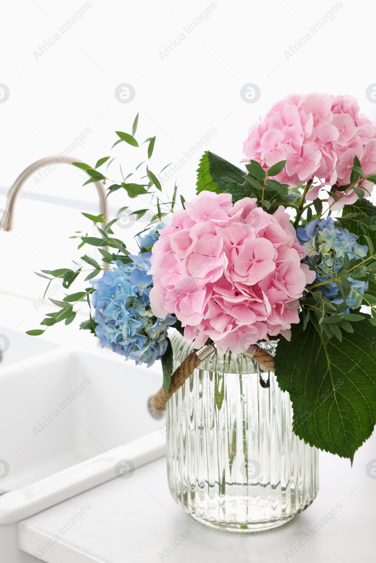 Photo of Beautiful hortensia flowers in vase on kitchen counter