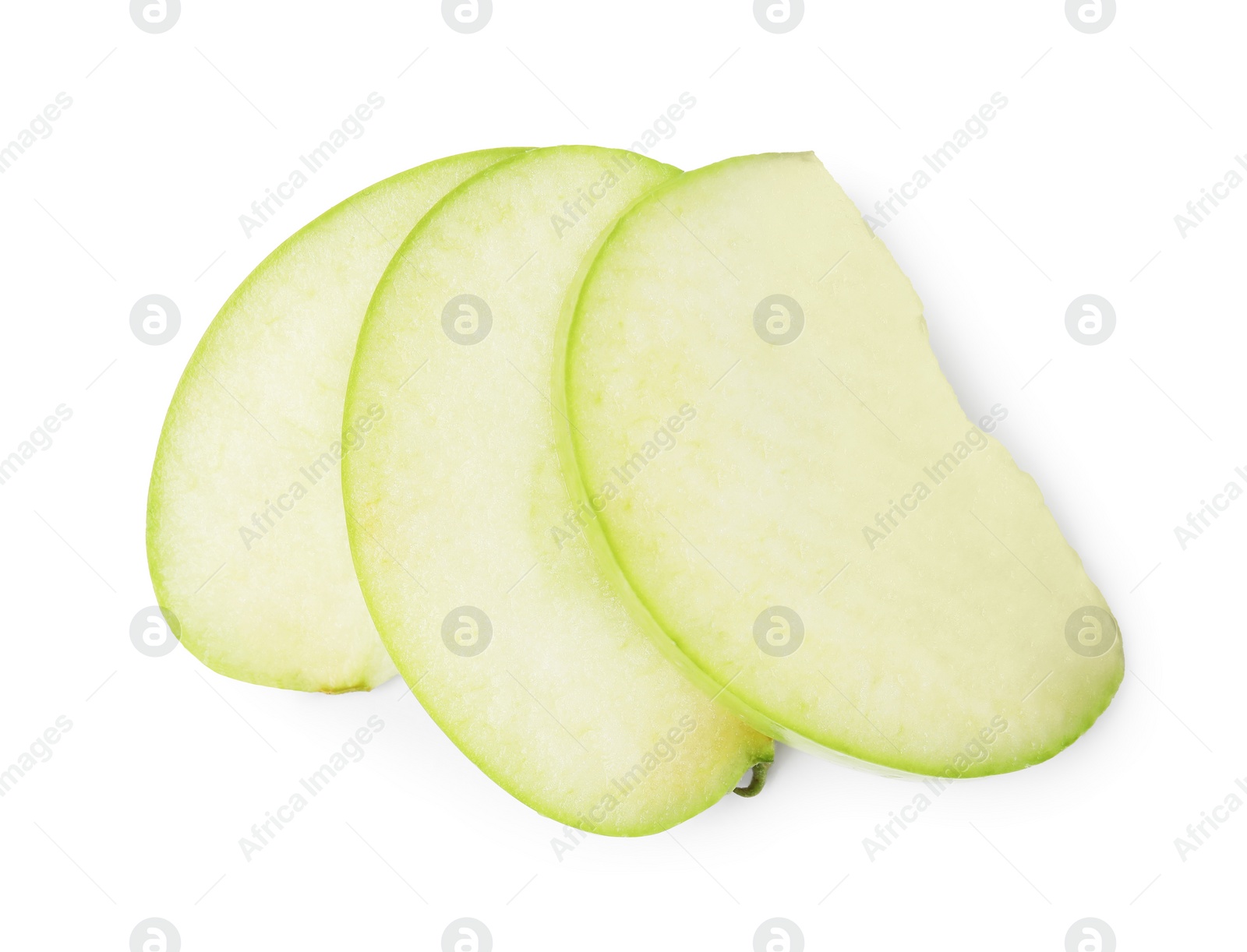 Photo of Slices of ripe green apple isolated on white, top view