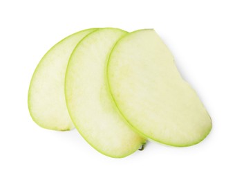 Photo of Slices of ripe green apple isolated on white, top view