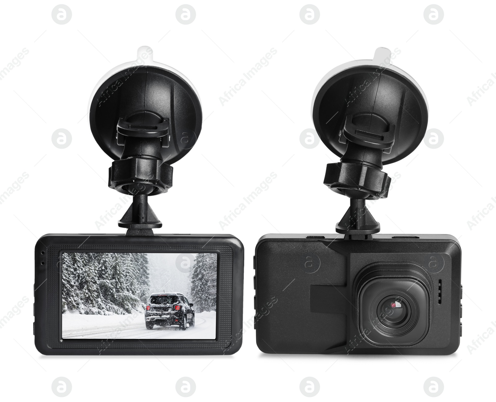 Image of Modern car dashboard cameras on white background in collage, one with photo of road