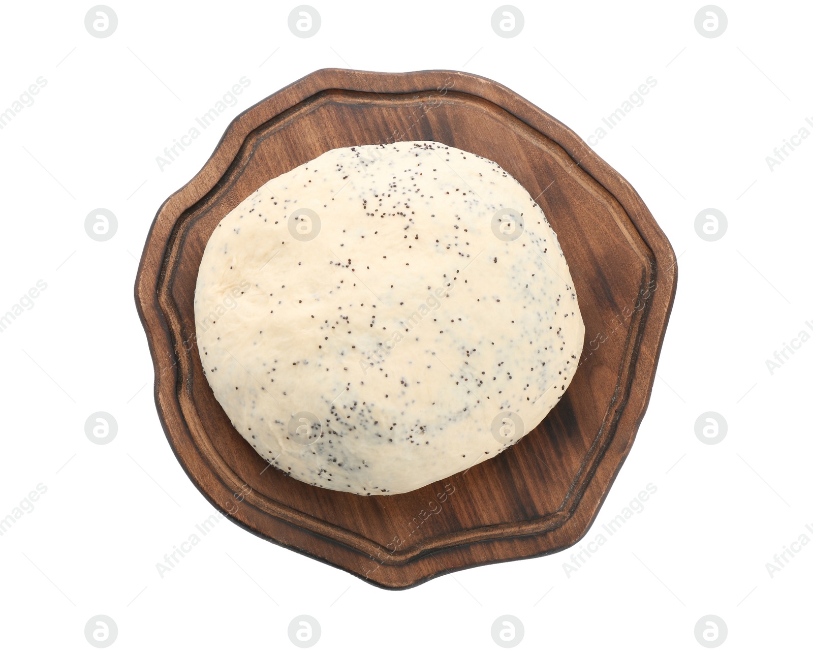 Photo of Wooden board and raw dough with poppy seeds on white background, top view