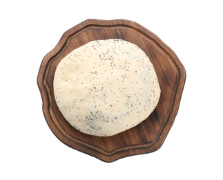 Photo of Wooden board and raw dough with poppy seeds on white background, top view