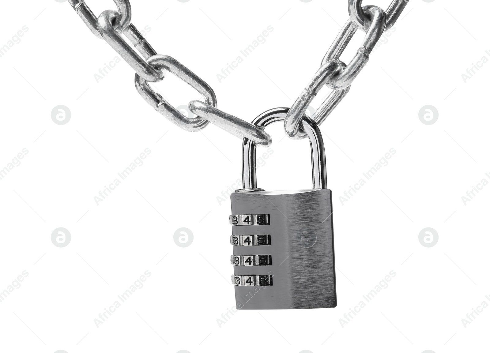 Photo of Steel combination padlock and chain isolated on white