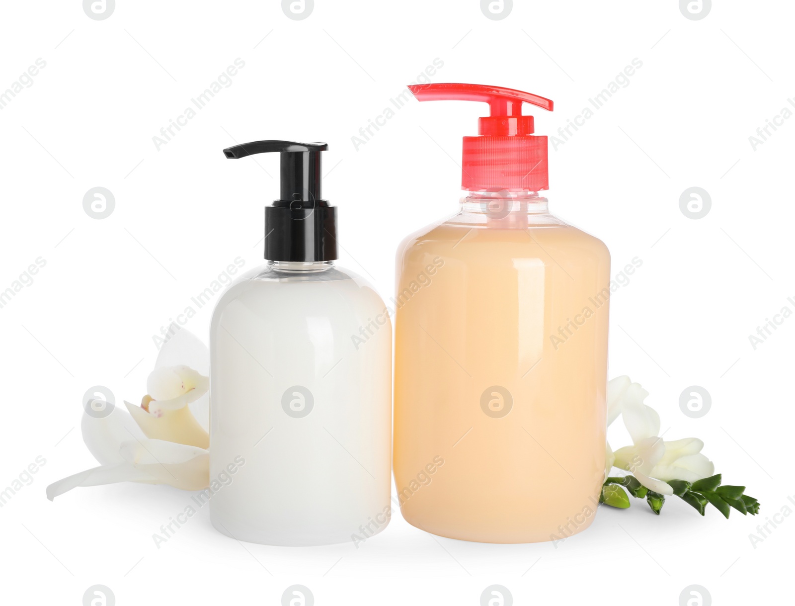 Photo of Dispensers with liquid soap and beautiful flowers on white background