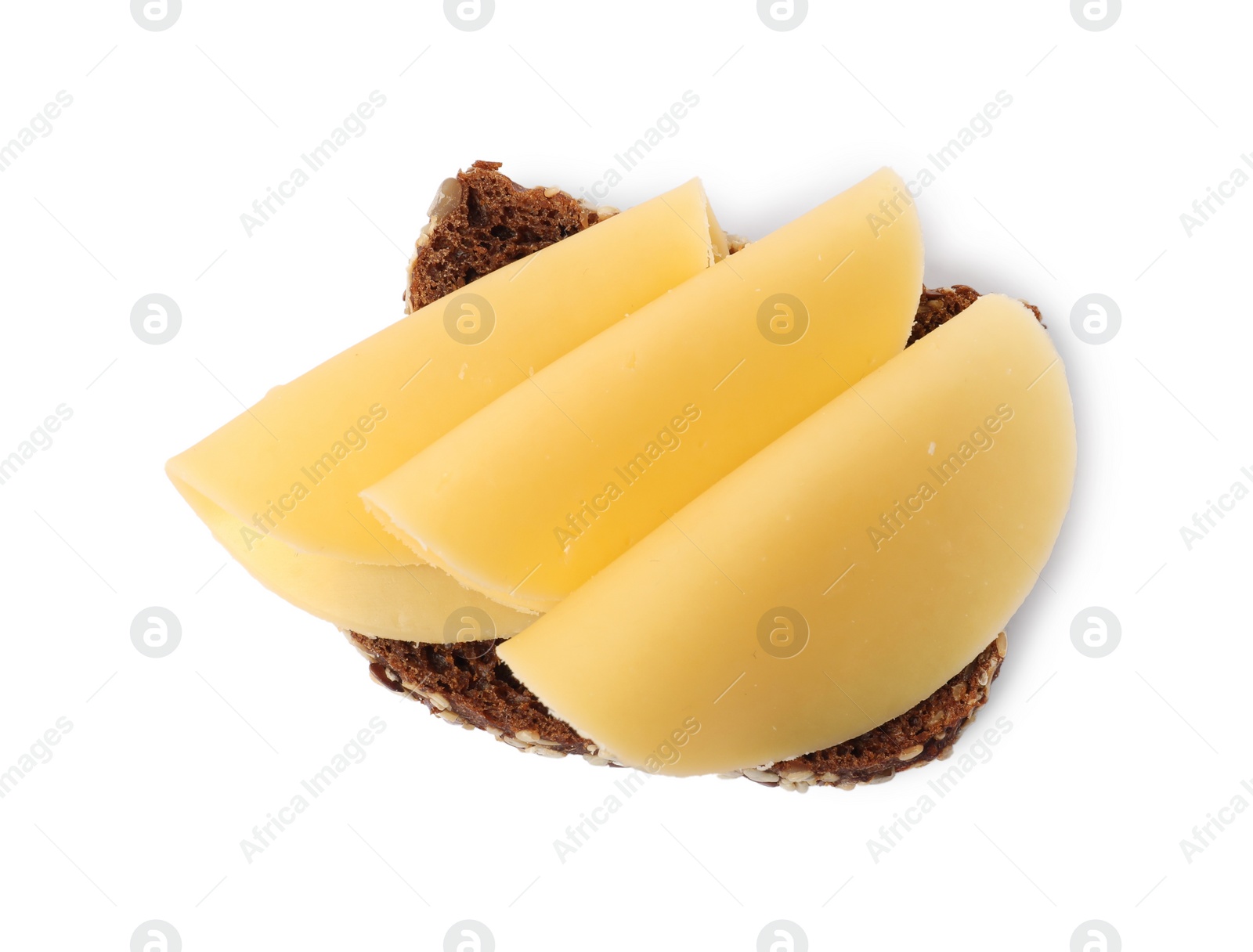 Photo of Tasty sandwich with slices of fresh cheese isolated on white, top view