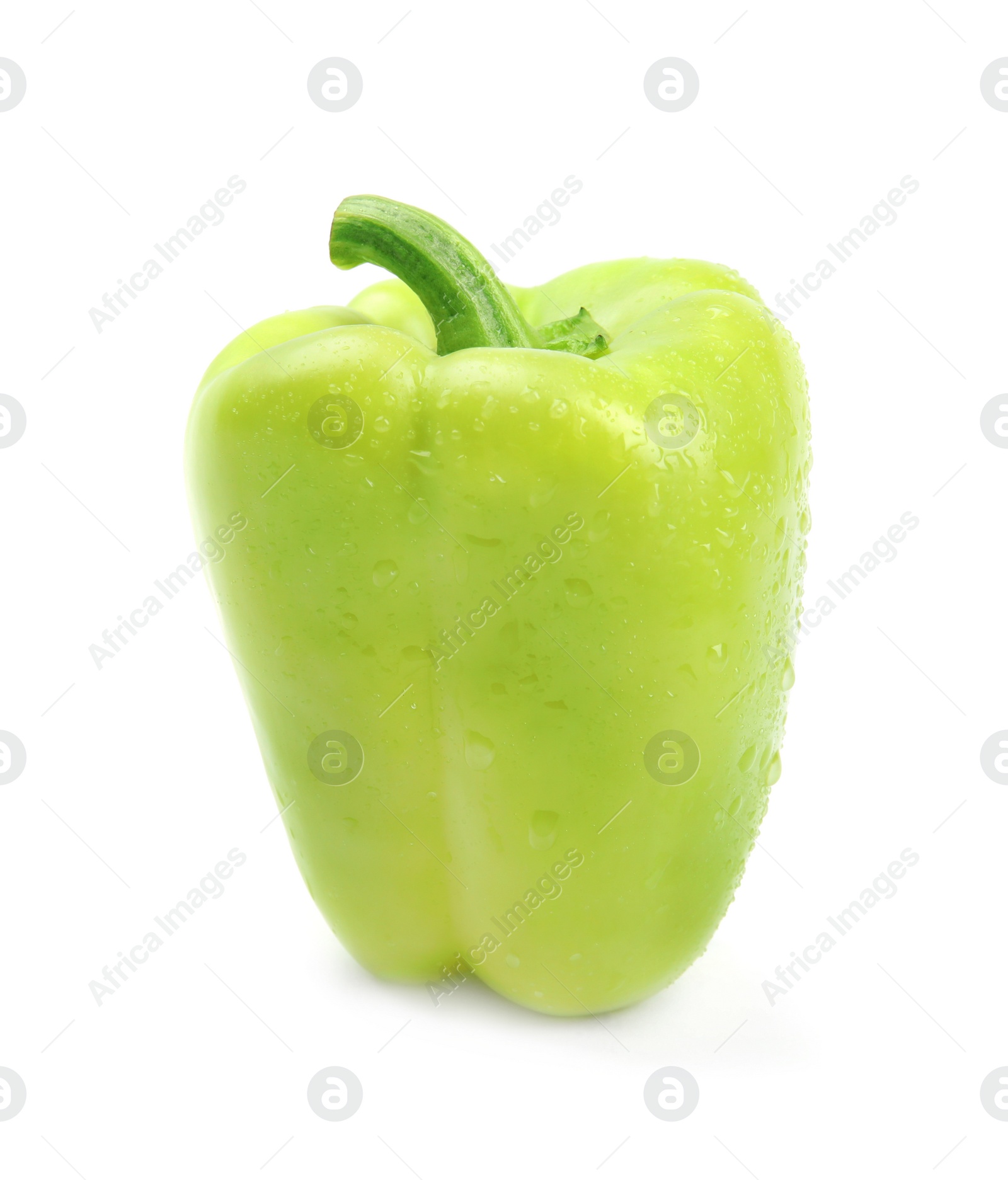 Photo of Wet ripe green bell pepper on white background