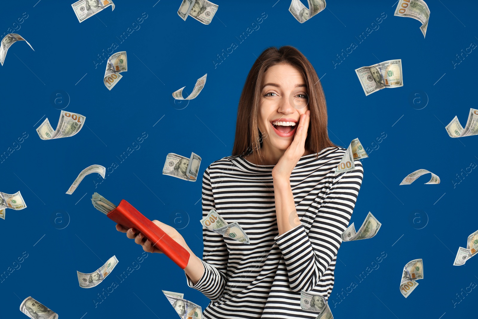 Image of Woman with American dollars under money rain on blue background