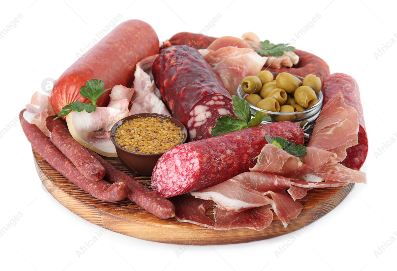 Photo of Different types of sausages with olives served on board, white background