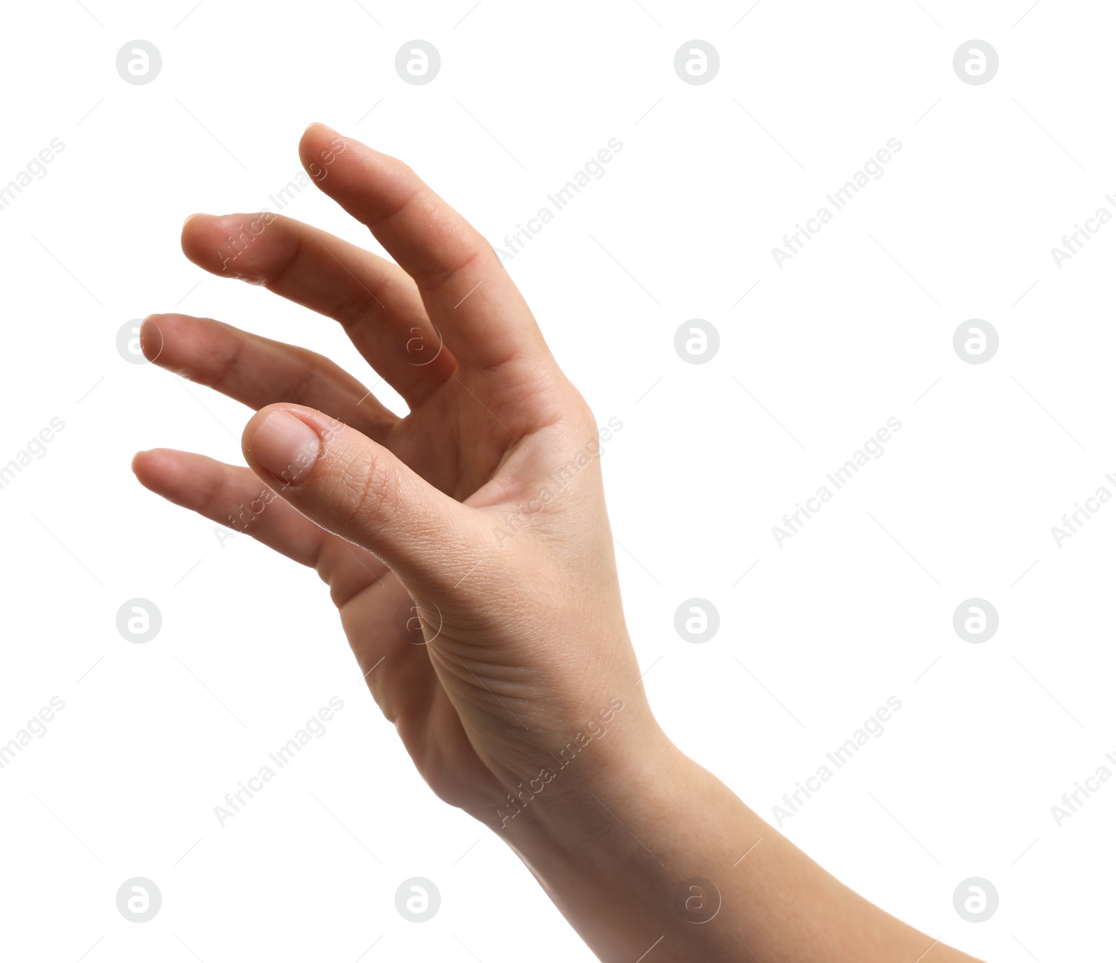 Photo of Woman holding something in hand on white background, closeup