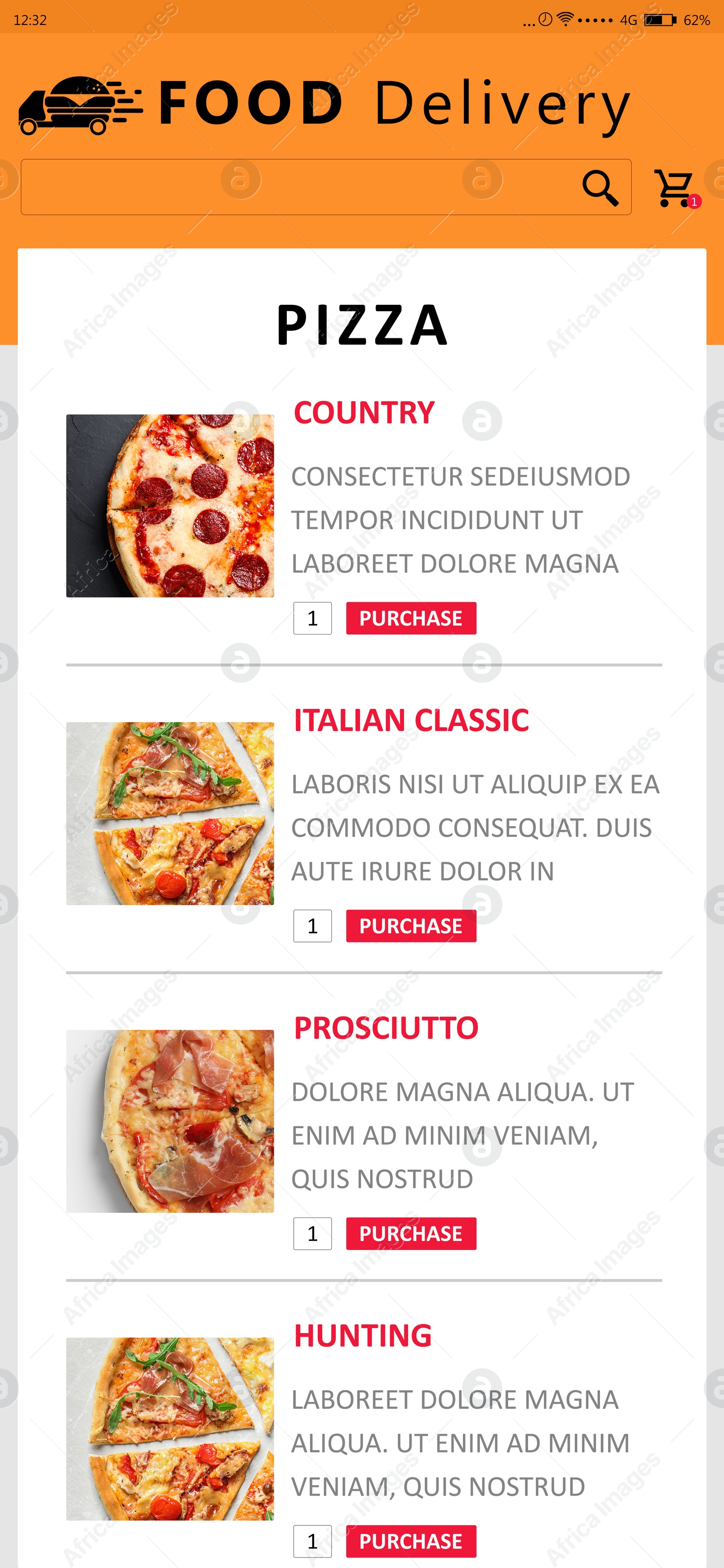 Image of Food delivery app. Display with appetizing menu