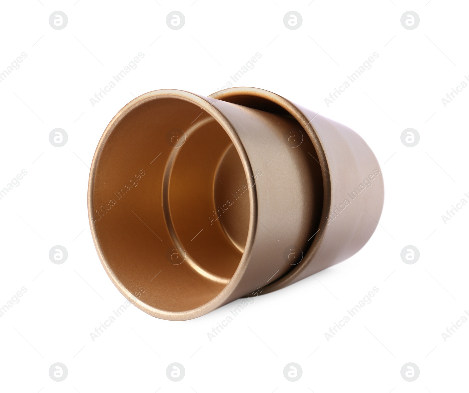 Photo of Golden empty ceramic flower pots on white background