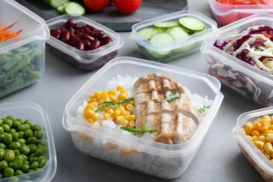 Set of plastic containers with fresh food on light table