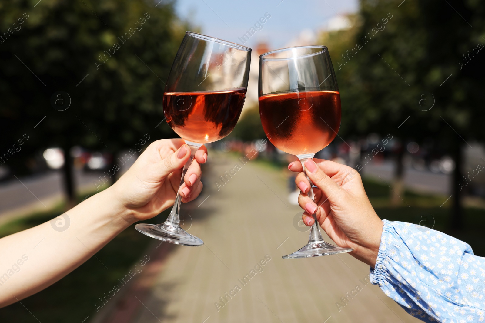 Photo of Women clinking glasses with rose wine outdoors, closeup