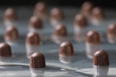 Many delicious chocolate candies on production line, closeup