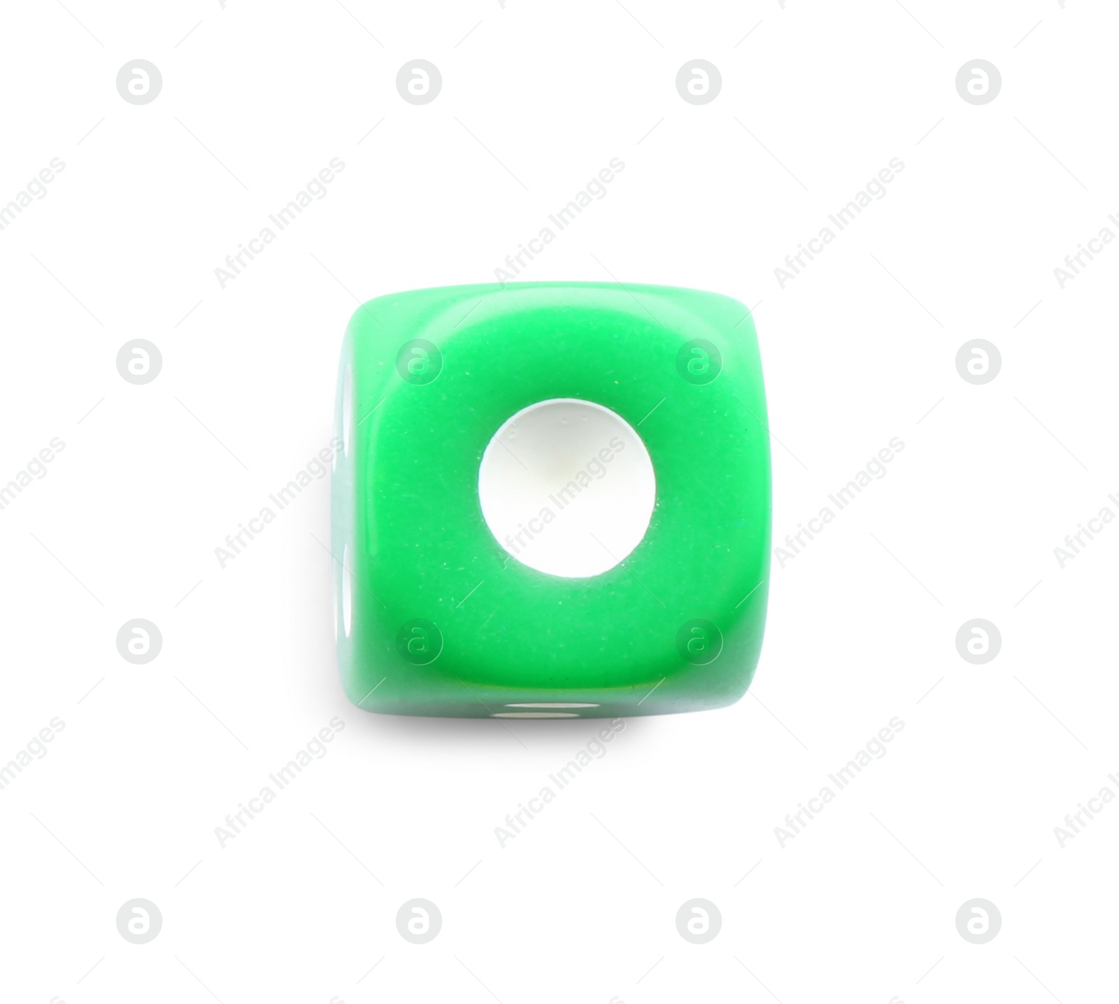Photo of One green game dice isolated on white, top view