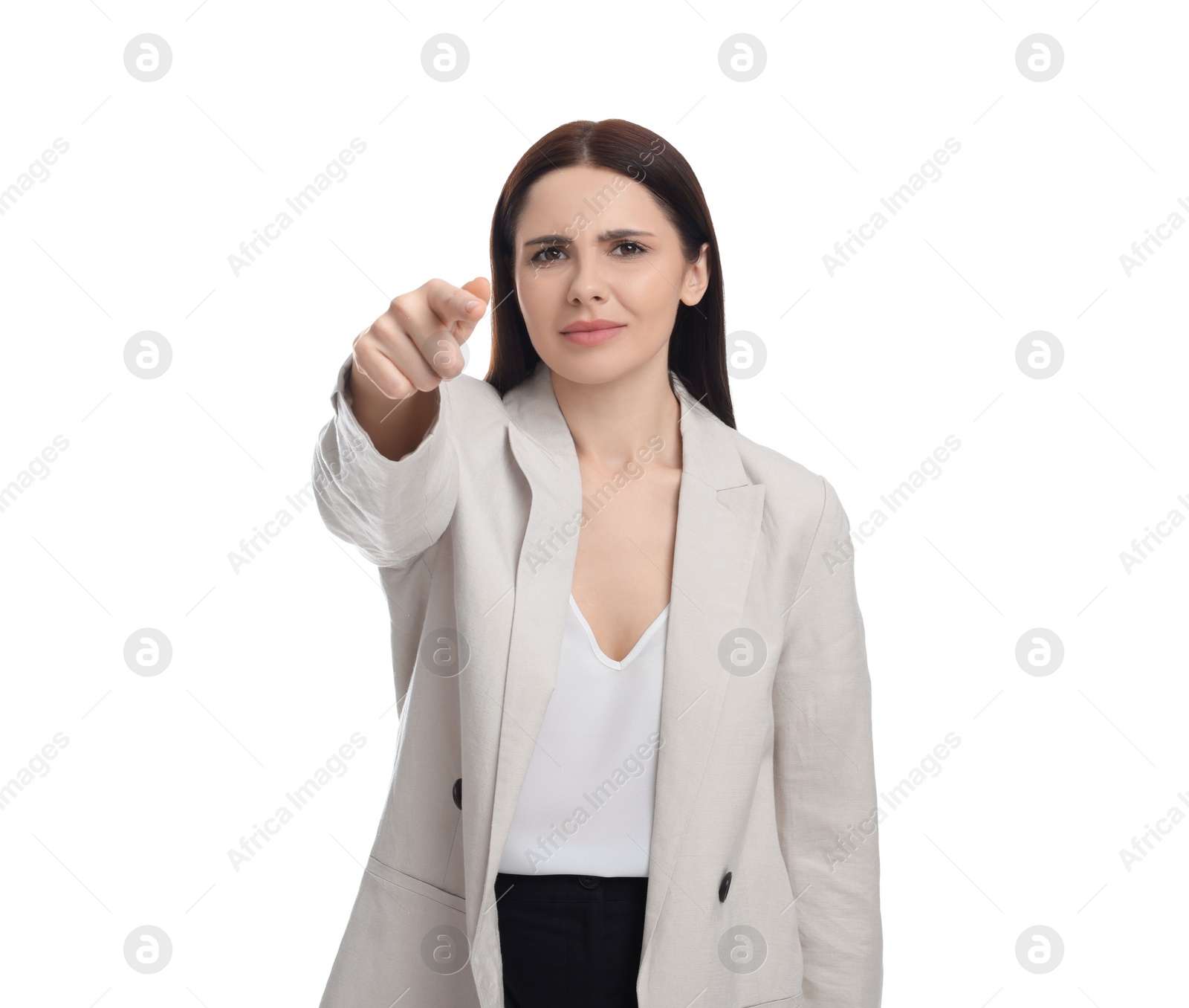 Photo of Beautiful businesswoman in suit pointing at something on white background