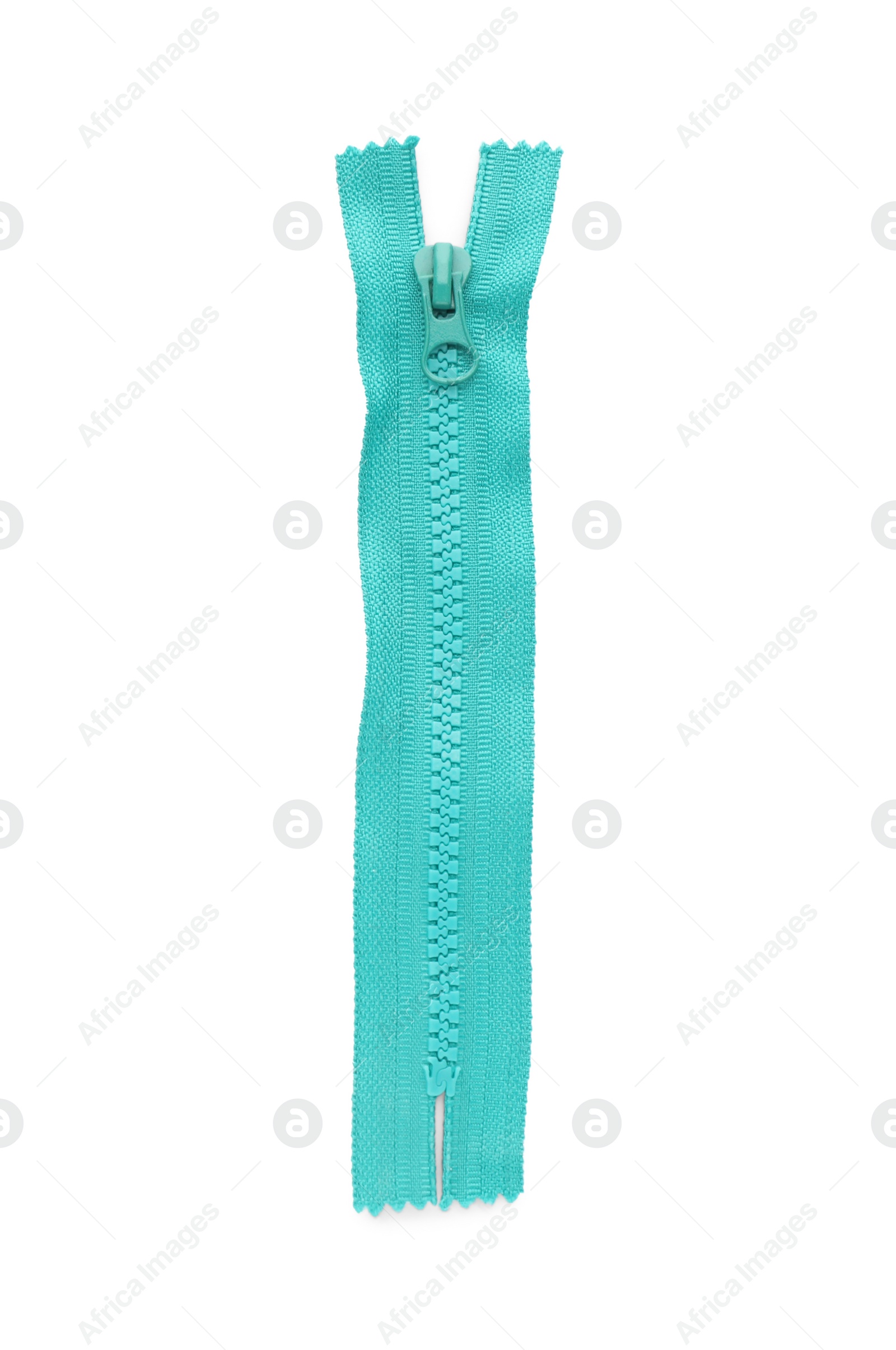 Photo of Turquoise zipper isolated on white, top view