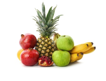 Photo of Set of fresh tropical fruits on white background