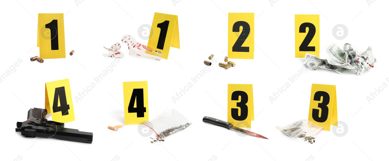 Image of Crime scene investigation. Set of evidence identification markers and clues on white background