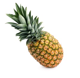 Photo of Tasty whole pineapple with leaves on white background