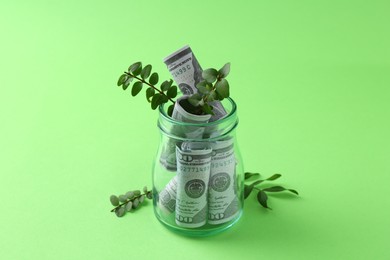 Photo of Financial savings. Dollar banknotes in glass jar and twigs on green background