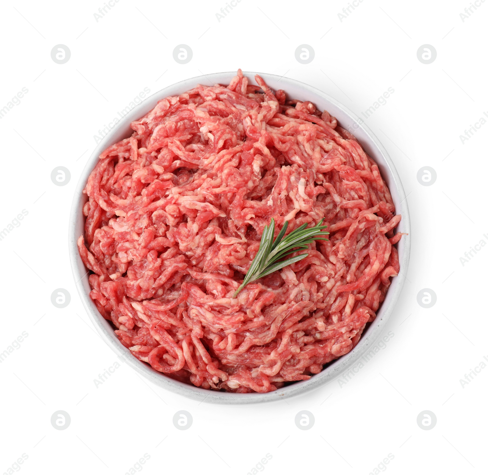 Photo of Raw ground meat and rosemary in bowl isolated on white, top view