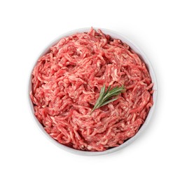 Raw ground meat and rosemary in bowl isolated on white, top view