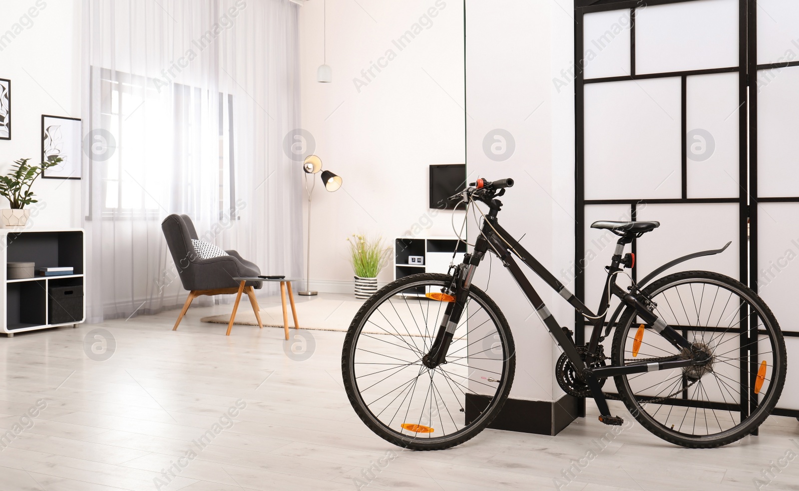 Photo of Light living room interior with modern bicycle