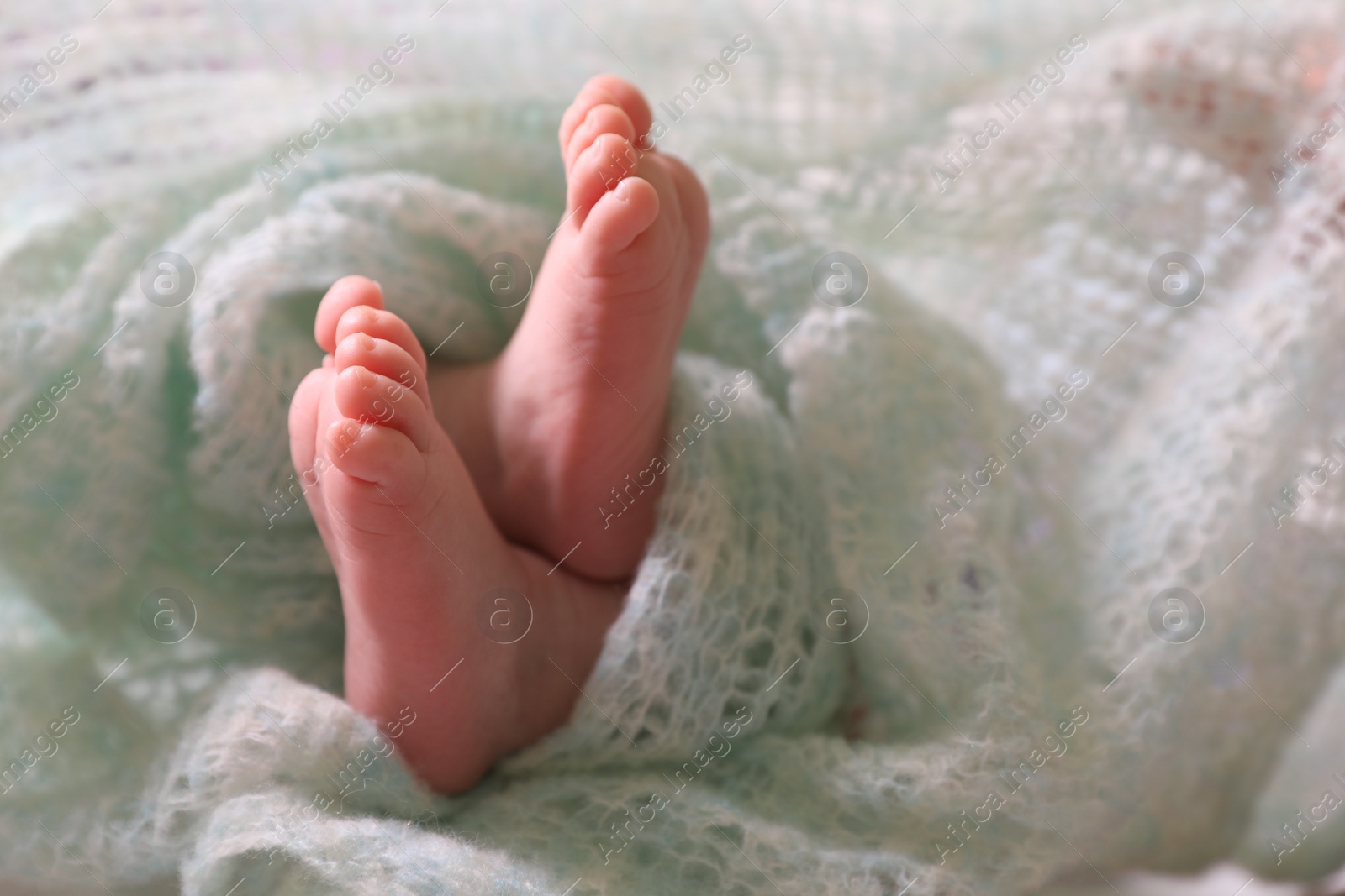 Photo of Cute newborn baby covered in turquoise crocheted plaid on bed, closeup of legs