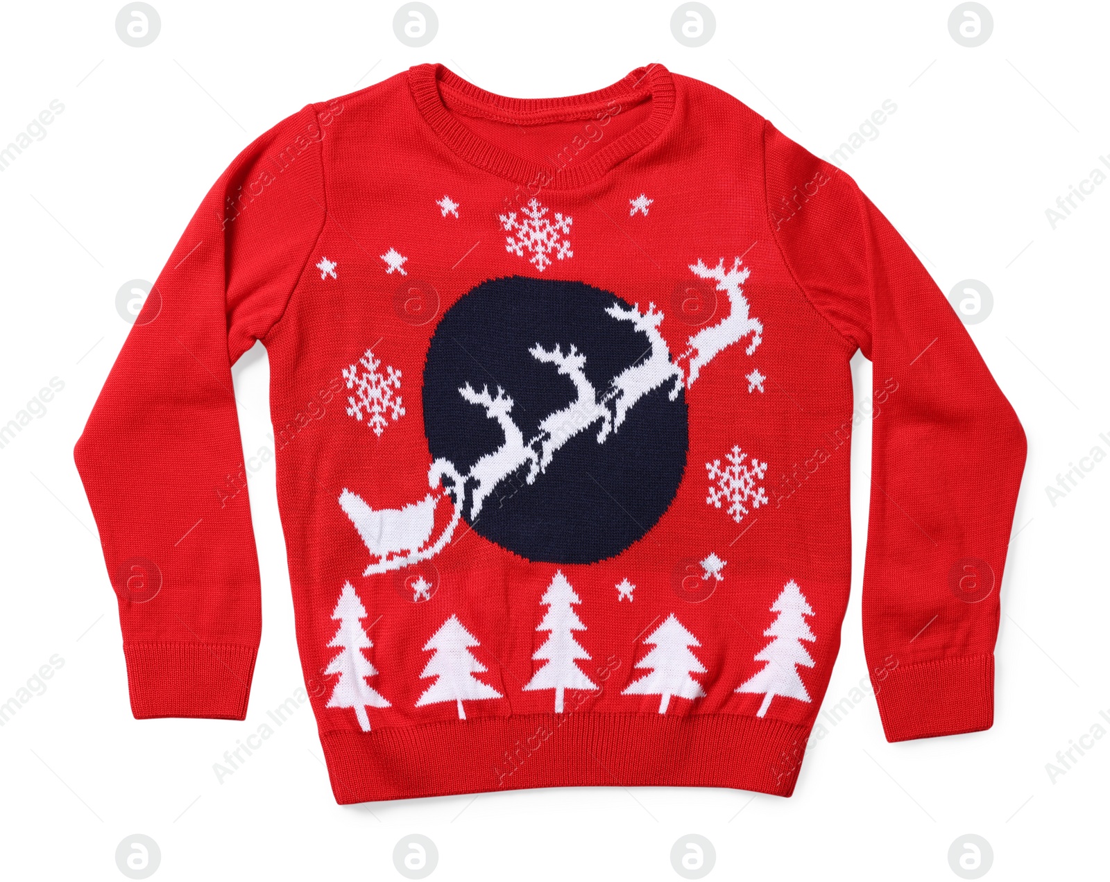 Photo of Red Christmas sweater with reindeer ornament isolated on white, top view