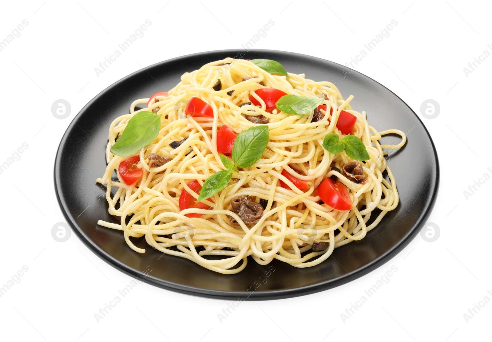 Photo of Delicious pasta with anchovies, tomatoes and basil isolated on white