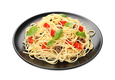 Delicious pasta with anchovies, tomatoes and basil isolated on white