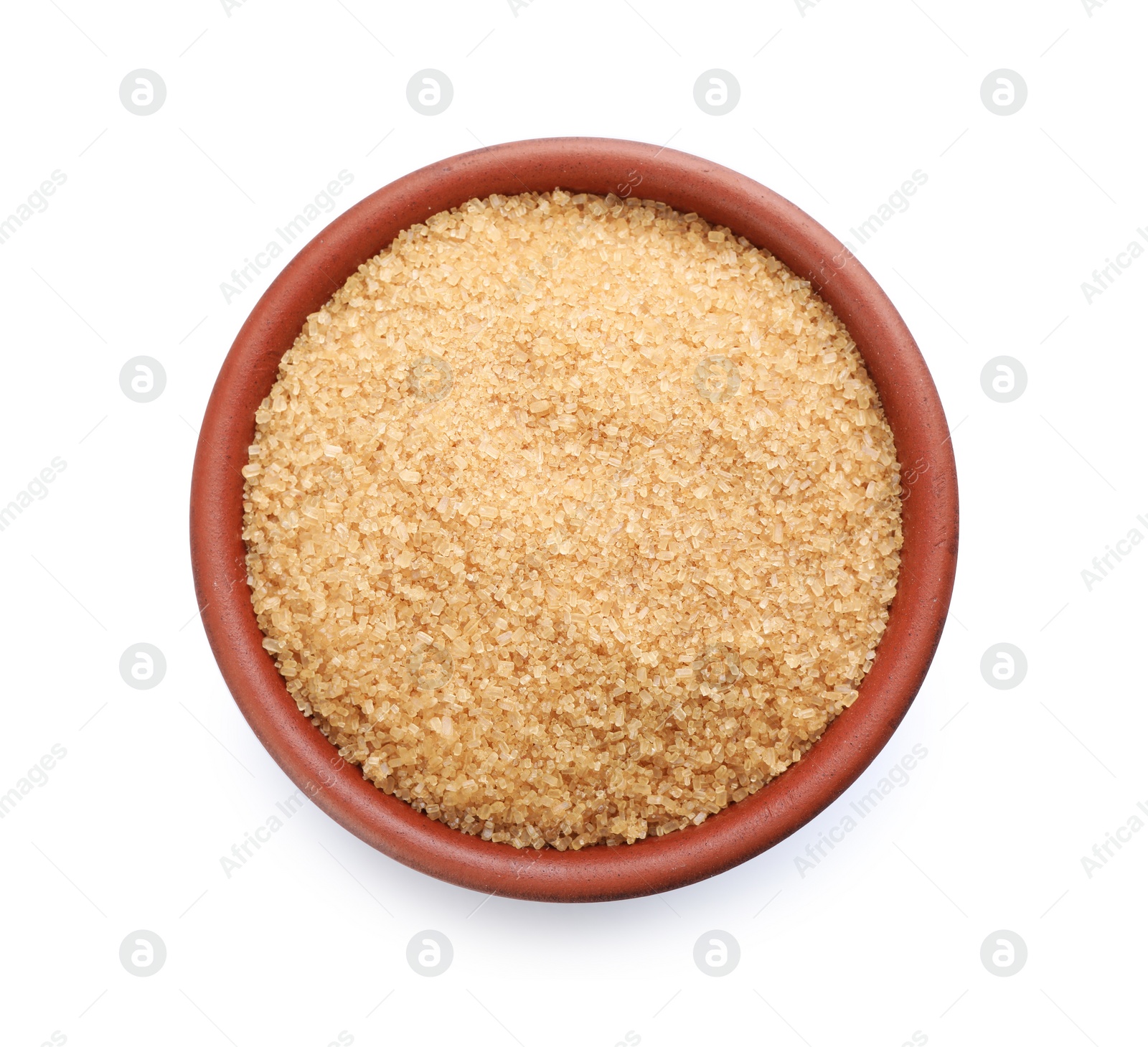 Photo of Bowl with brown sugar isolated on white, top view