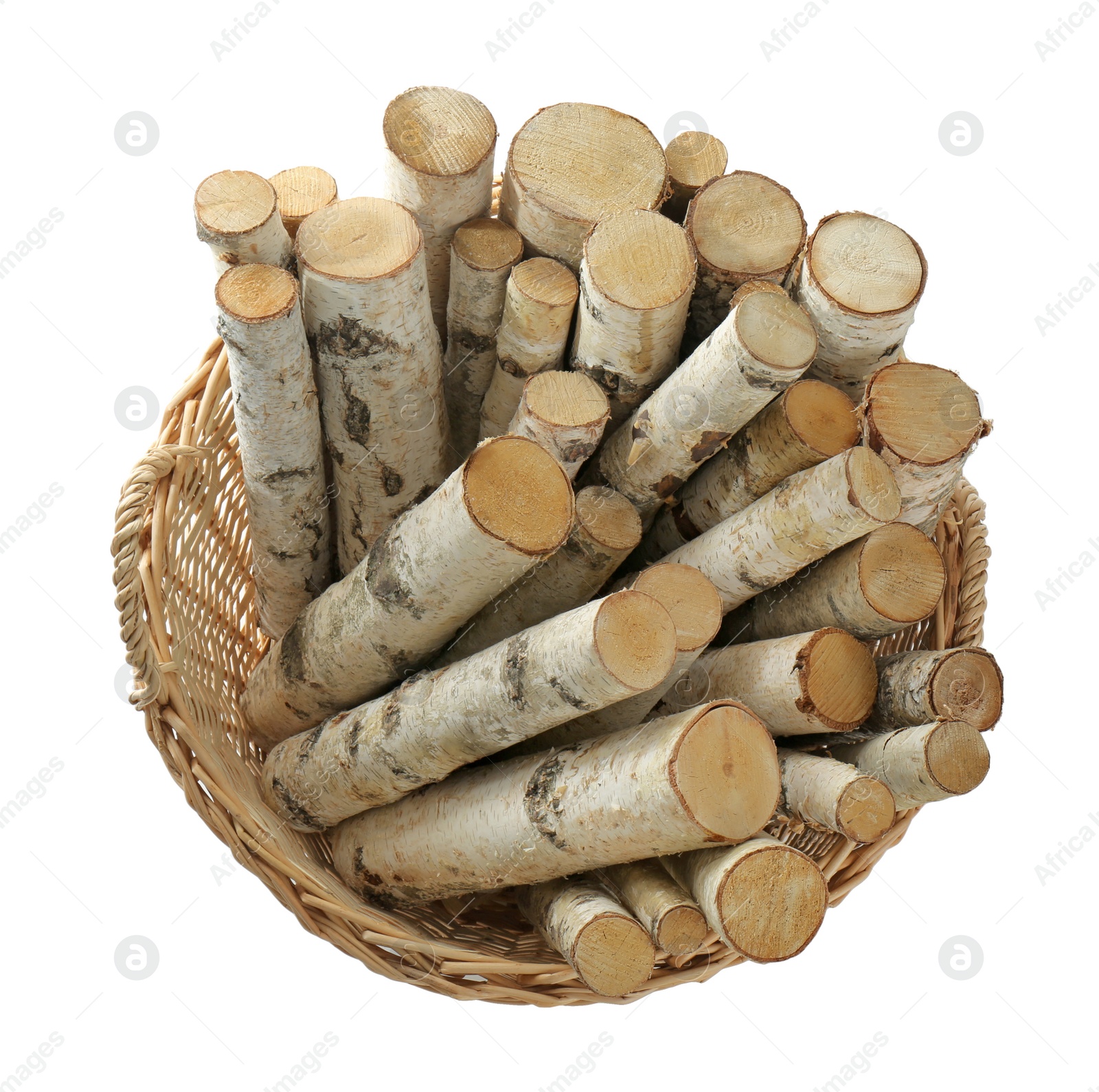 Photo of Wicker basket with firewood on white background, top view
