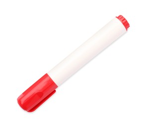 Photo of Bright red marker isolated on white, top view. School stationery