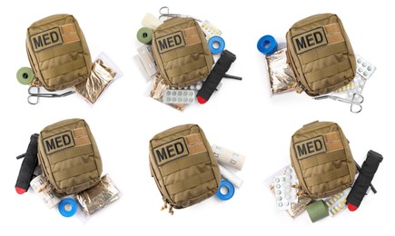 Image of Collage with military first aid kit on white background, top view