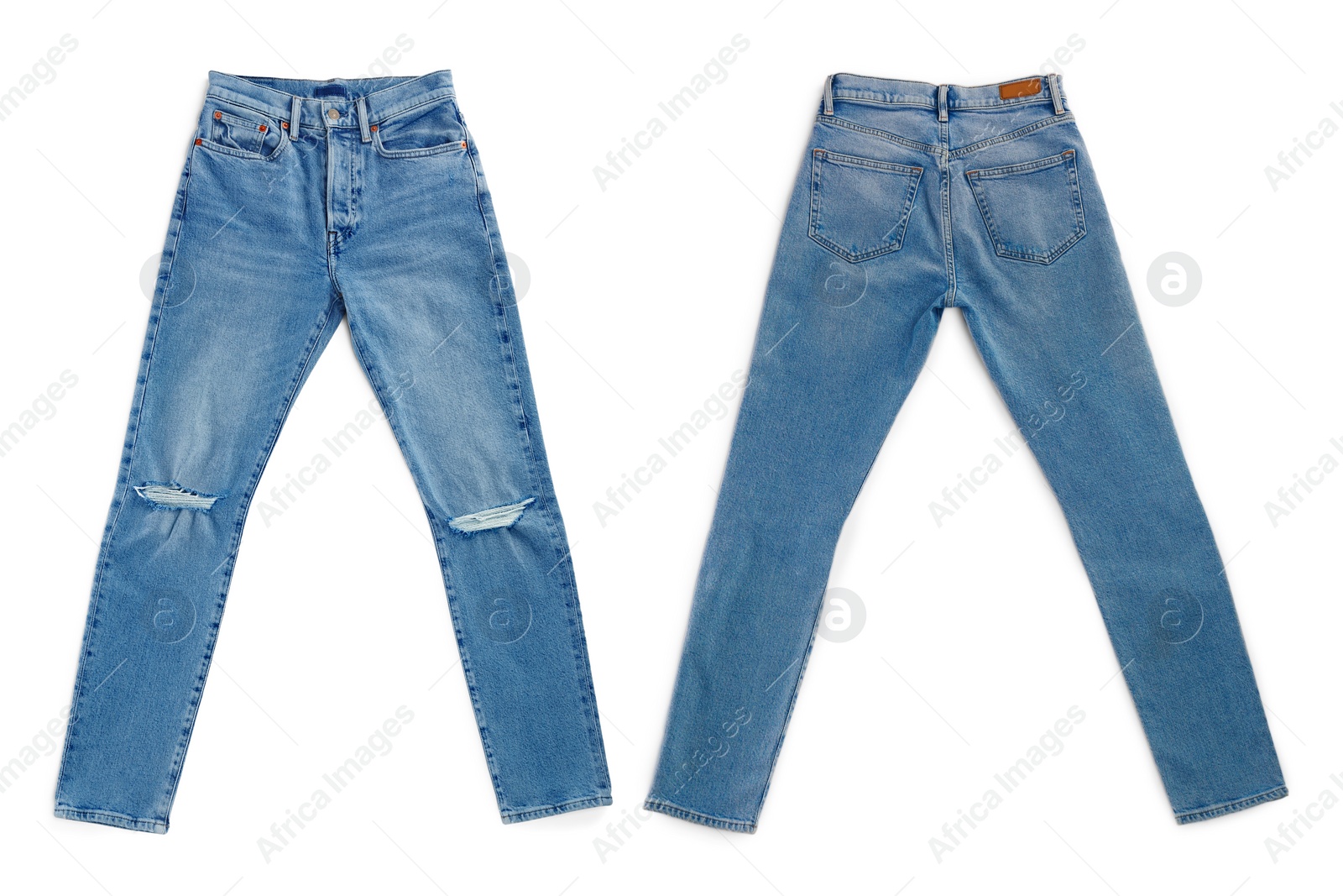 Image of Collage with jeans isolated on white, back and front views