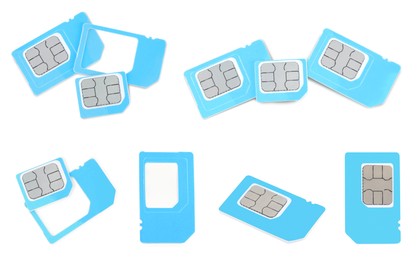 Image of Set with light blue SIM cards on white background 