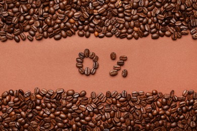 Photo of 0 percent made of coffee beans on color background, top view. Decaffeinated drink