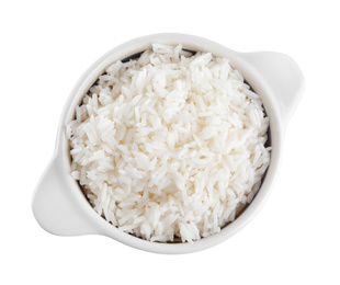 Photo of Bowl with cooked rice isolated on white, top view